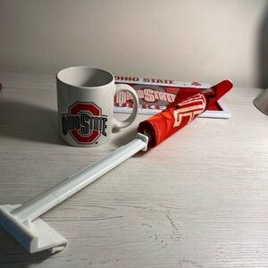 Ohio State Mug and Flag Set and decorative license plate set. All new.